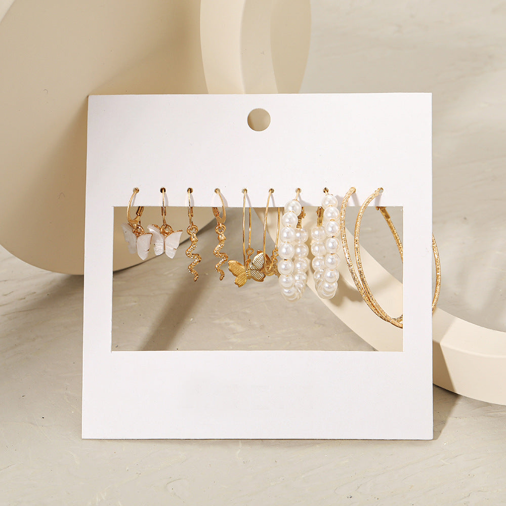 European and American cross-border hot-selling C-shaped earrings vintage imitation pearl ring earring set nine-piece set