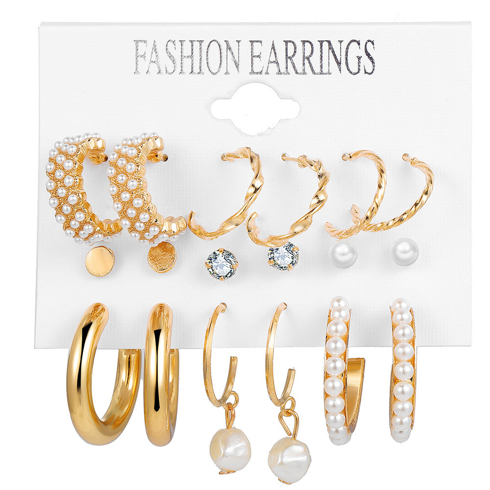European and American cross-border hot-selling C-shaped earrings vintage imitation pearl ring earring set nine-piece set