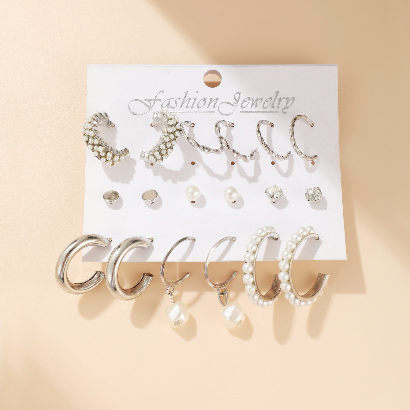 European and American cross-border hot-selling C-shaped earrings vintage imitation pearl ring earring set nine-piece set