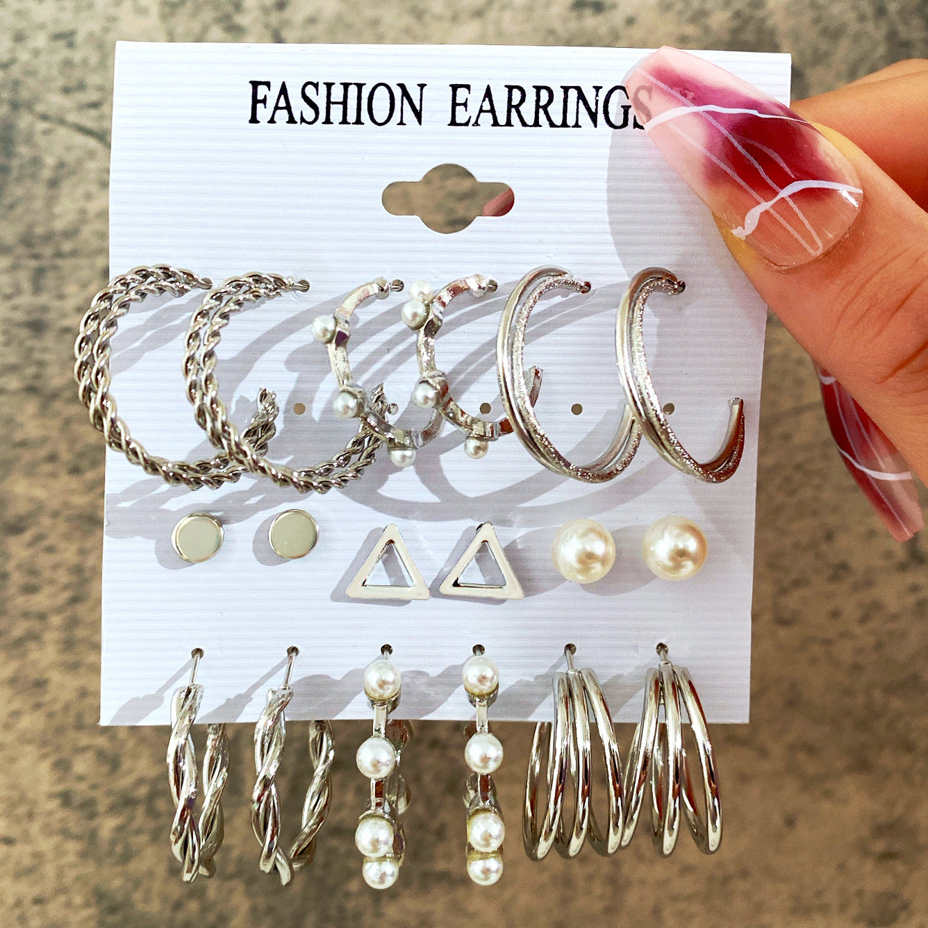 European and American cross-border hot-selling C-shaped earrings vintage imitation pearl ring earring set nine-piece set