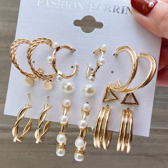 European and American cross-border hot-selling C-shaped earrings vintage imitation pearl ring earring set nine-piece set