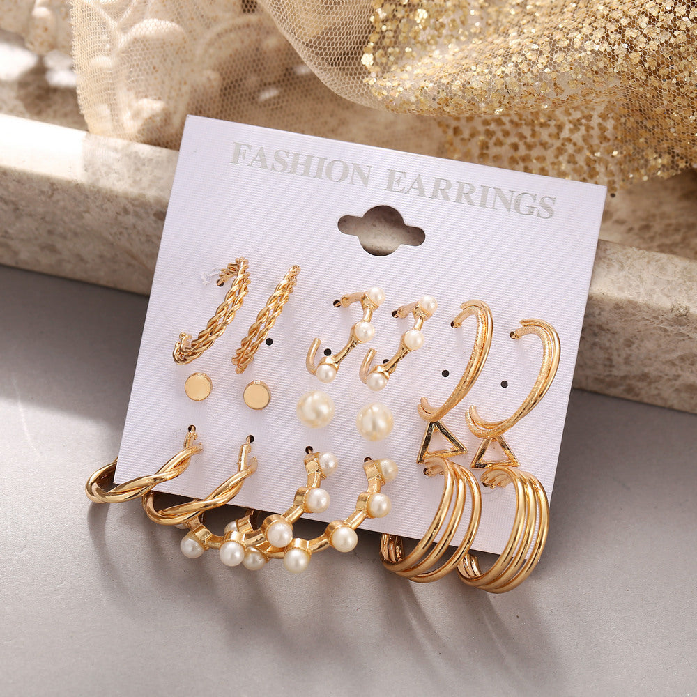 European and American cross-border hot-selling C-shaped earrings vintage imitation pearl ring earring set nine-piece set